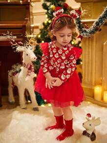 Christmas Baby Girl Doll Dress,Red And White Santa Claus Print Mesh Ruffle Bow Long Sleeve Cute Autumn Birthday Holiday Clothes For Spring Winter - Multicolor - View 4