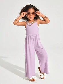 SHEIN Mono de punto informal de un solo color para niña pequeña, para primavera y verano - Morado - Ver 6