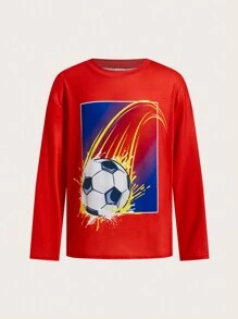 SHEIN Leap Crew 4入組兒童青少年男童運動足球印花圓領寬鬆針織長袖T恤，每款1件。適用於春季、夏季、秋季和冬季的日常、旅遊、休閒、通勤和校園穿著。 - 彩色 - 查看 9