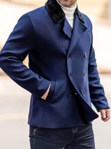 Manfinity Homme Men's Furry Panel Front Button Long Sleeve Pocket Jacket, Casual Daily Wear - Navy Blue - View 1