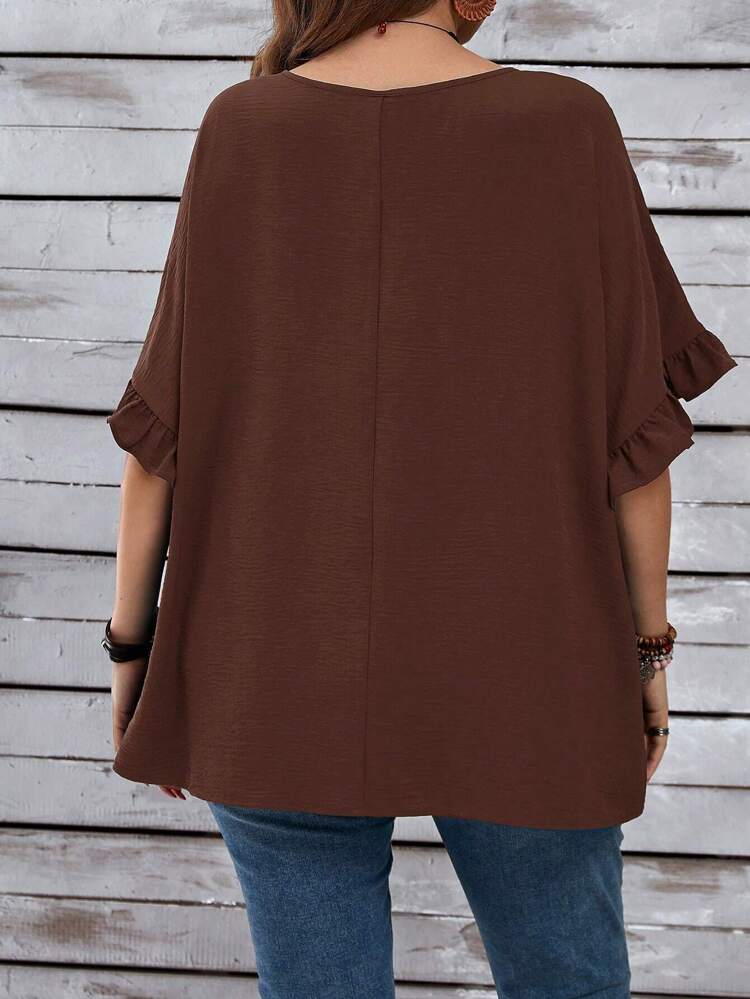 Plus Size Women's Vacation Casual Dark Blue Mom Shirts With Ruffled Sleeves For Summer