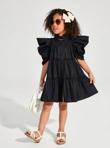 SHEIN Vestido casual feminino jovem tecido cor sólida elegante com babados e manga bufante