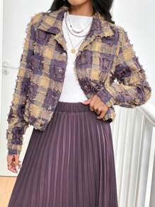 Modelyn Women's Turndown Collar Long Sleeve Button-Front Plaid Jacket, Casual Everyday Wear Fall Cloth For Women - Purple - View 7