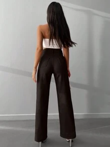 100% Cotton Women's High-Waisted Straight Casual Denim Jeans - Brown - View 2