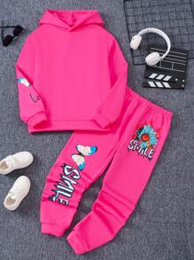 SHEIN 2 件套 Tween Girl 花卉印花连帽衫和运动裤套装 - 玫紅色 - 查看 3