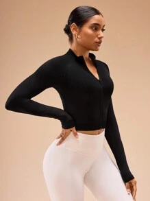 SHEIN Sports 女士纯色拉链领长袖合身无缝运动夹克 - 黑色 - 查看 5