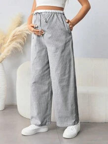 SHEIN 孕妇休闲通勤松紧腰蝴蝶结抽绳直腿宽松裤 - 黑與白 - 查看 1