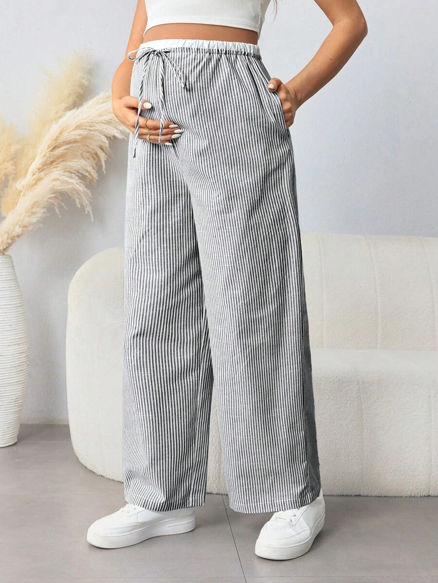 SHEIN 孕妇休闲通勤松紧腰蝴蝶结抽绳直腿宽松裤 - 黑與白 - 查看 1