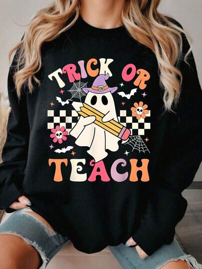 INAWLY Women Loose Fit Round Neck Oversized Ghost & Teacher Print Drop Shoulder Long Sleeve Sweatshirt, Suitable For Halloween Fall Cloth For Women