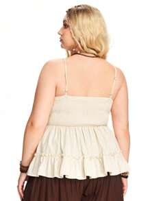 ROMWE Fairycore 大码复古刺绣荷叶边宽松吊带背心 - 杏色 - 查看 4