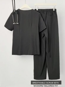 TaskEZ Solid V-Neck Pocket Tee And Tie-Waist Pants Uniform Scrub Set - Grey - View 2