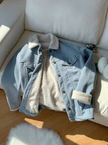 SHEIN EZwear Drop Shoulder Teddy Lined Long Sleeve Zip Up Red PU Leather Barn Jacket For Winter