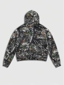 ROMWE MEN Street Life Men's Spring And Autumn Tree Branch Letter Print Hooded Casual Sweatshirt With Drawstring - Multicolor - View 2