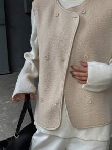 DAZY 女士休闲/商务仿羊羔绒无袖外套，秋季女式背心大衣 - 杏色 - 查看 5