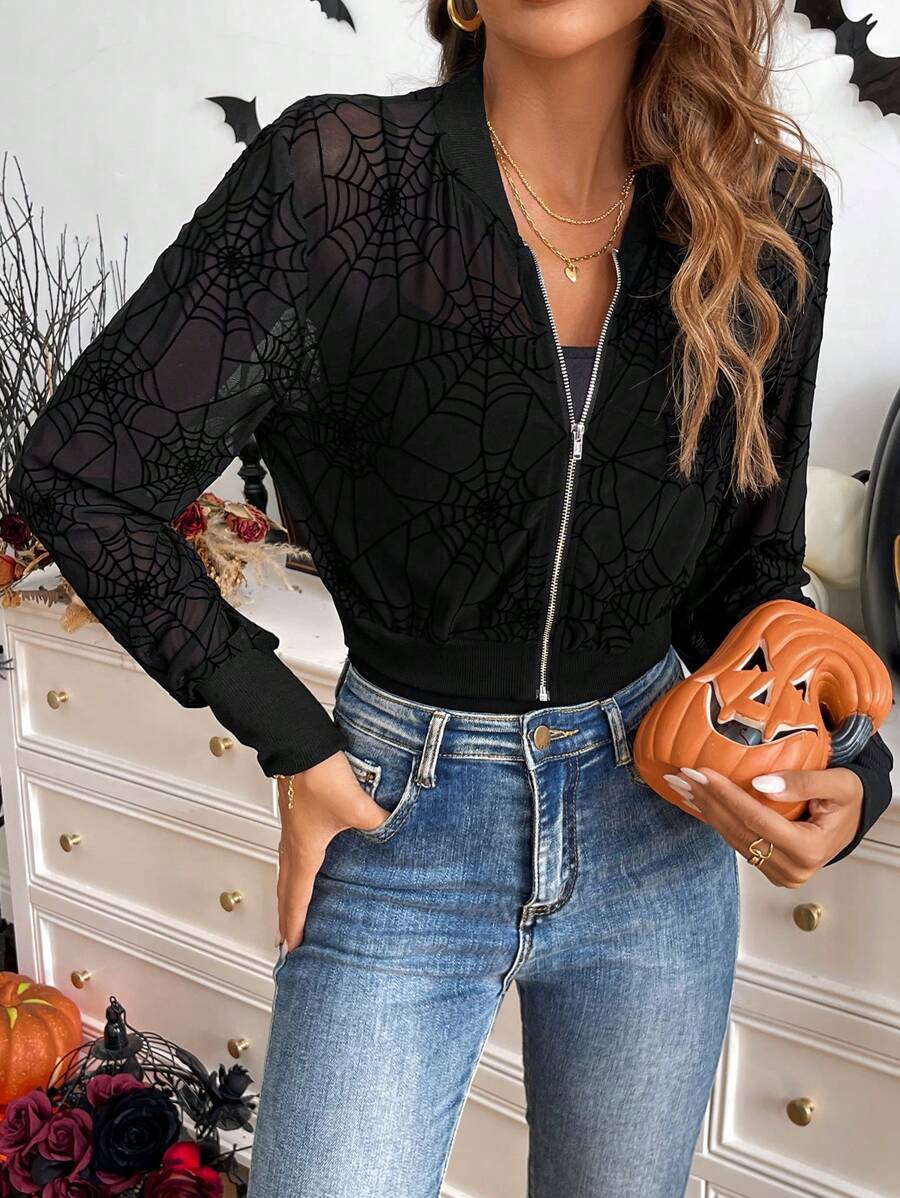 SHEIN LUNE Áo khoác lưới lưới nhện nhung màu đen thu/đông cho nữ dự tiệc Halloween - màu đen - Xem 1