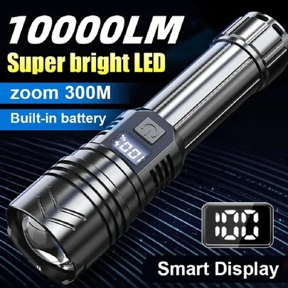 2024 便携式 2000mAh 手电筒 10000LM 大功率 LED 手电筒支持 Type-C 充电防水强力手电筒 ABS 露营应急照明 LED 灯战术手电筒