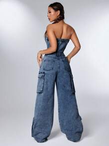SHEIN ICON Bộ đồ liền thân denim không tay cho nữ - Rửa tối - Xem 2