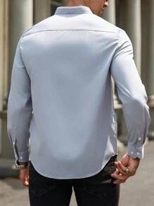 Manfinity Homme Men's Plain Front Button Long Sleeve Stand Collar Shirt - Light Grey - View 2