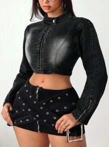 SHEIN ICON Women Spring Autumn Cropped Fitted Denim Jacket - Black - View 3