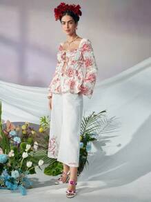 KATHARSIS Frida Kahlo X SHEIN X Designer 商务休闲波西米亚风方领花卉印花系带上衣，节日、感恩节、度假、春夏、外出、节日、办公室 - 紅白色 - 查看 4