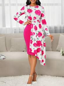 SHEIN Lady Vestido para fiesta de Navidad, vestido de fiesta, vestido de invitada de boda. Vestido con estampado de flores rojas, dobladillo asimétrico y diseño ajustado a la cadera. Vestido para dama, para usar en fiestas, primavera, verano, otoño. - Rosa Fucsia - Ver 7