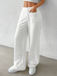SHEIN EZwear Women's Button Pocket Fashion Straight Leg Casual Street Wear Woven Trousers - White - View 5