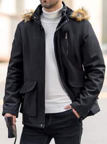 Manfinity Homme Men Hooded Fuzzy Zip-Up Long Sleeve Casual Street Wear Coat, Winter Clothes - Black - View 1