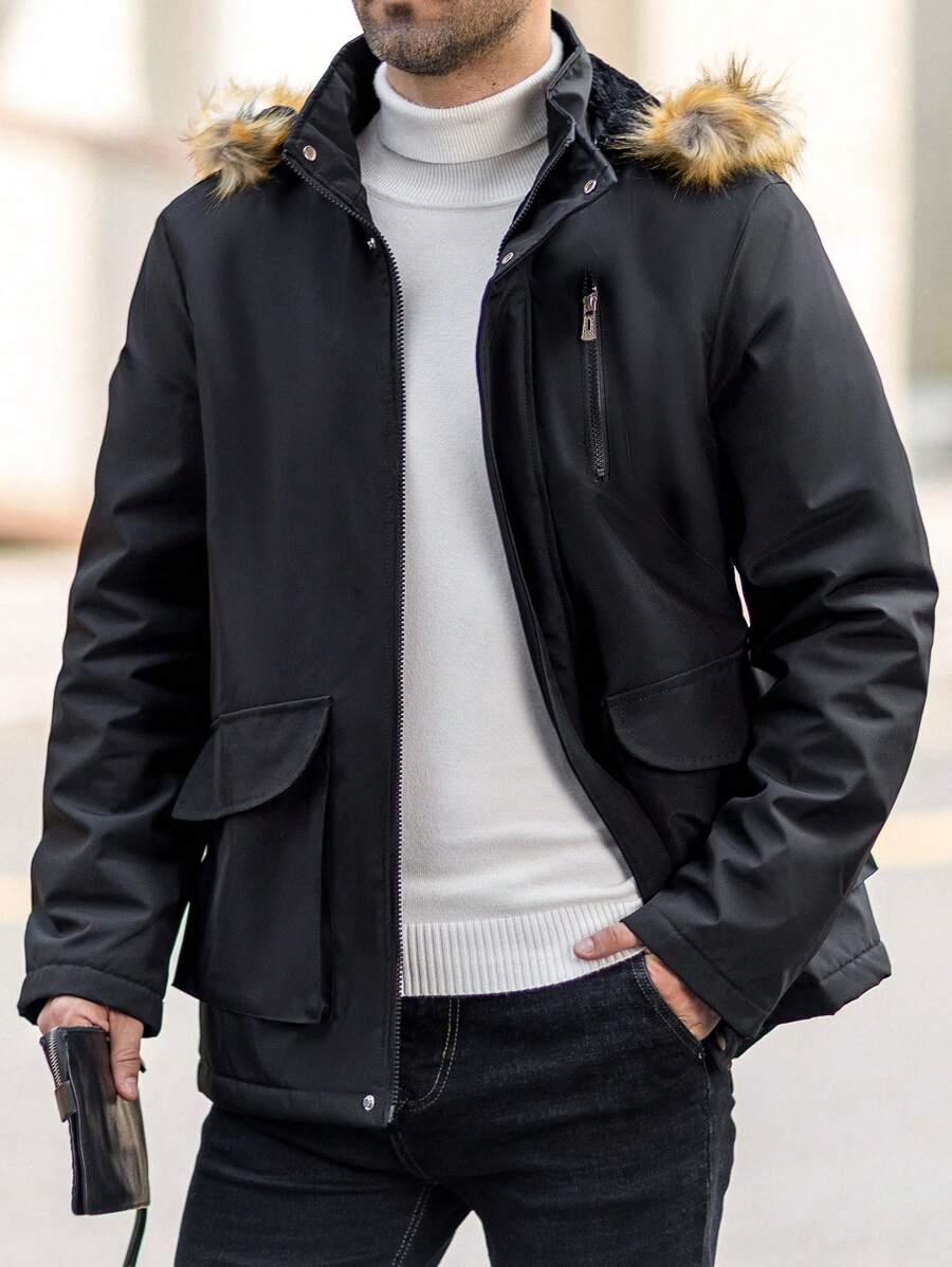 Manfinity Homme Men Hooded Fuzzy Zip-Up Long Sleeve Casual Street Wear Coat, Winter Clothes - Black - View 1