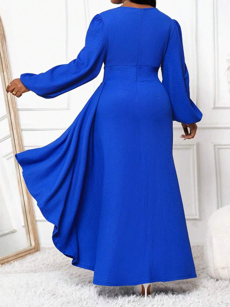 SHEIN Lady Plus Size Elegant Commuter Blue Mechanical Fabric Dress, Autumn Blue Dress - Royal Blue - View 2