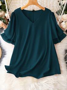 Blusa Casual Feminina Plus Size com Decote em V e Mangas Bufantes - Azul petróleo - Visão 1