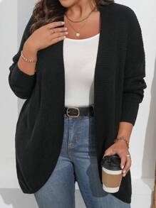 SHEIN LUNE Áo len cardigan dài tay màu đen đơn giản, giản dị, cỡ lớn dành cho nữ - màu đen - Xem 5