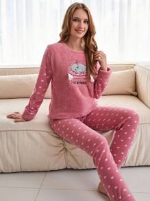 EURMUSE Cartoon & Slogan Embroidery Flannel PJ Set - Pink - View 3