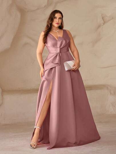 SHEIN Belle Plus Size Deep V-Neck High Slit Asymmetrical Bow Formal Gown, Elegant Evening Dress, Prom Dress, For Wedding Guest, Graduation, Dinner Party Dress