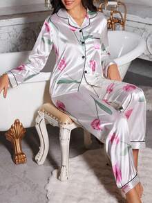 Conjunto de pijama de manga larga con cuello de estampado de tulipanes de seda sintética - Multicolor - Ver 3