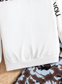 SHEIN 2 件套青少年男孩休闲白色连帽衫和迷彩裤套装，秋季 - 白色 - 查看 4