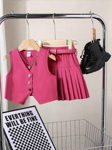 SHEIN 年轻女孩通勤休闲挂脖衬衫和百褶裙套装