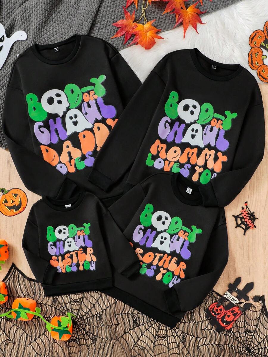 1pc Black Oversized Tween Boy Casual Ghost Colorful Graphic Print Thermal Lined Round Neck Drop Shoulder Long Sleeve Sweatshirt Clothes, Suitable For Halloween, Fall/Winter