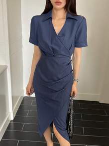 DAZY Vestido de mujer de cuello solido con escote en V y pliegues, vestido camisero casual diario - Azul Marino - Ver 3