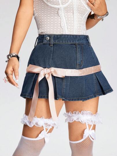 Kawaii Denim Skirt With Bow Tie Ribbon Decoration And Pleated Design, School
