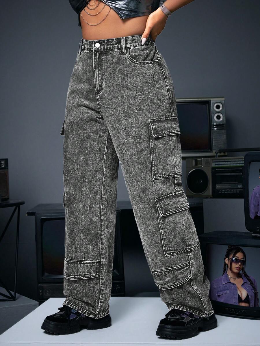 SHEIN ICON Plus Size Casual Washed Denim Cargo Pants - Grey - View 1