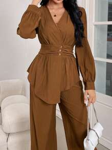 Modelyn 2pcs Women's Solid Color Button Front Blouse & Pants Casual Set 2 Pieces Set