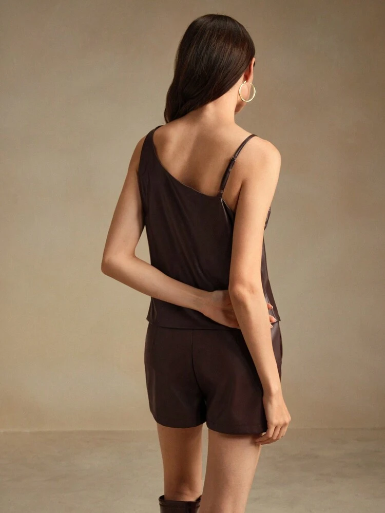 Women's Maillard Color Ruched Asymmetric Hem PU Sleeveless Top
