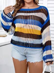 Calvaya Plus Size Women's Autumn/Winter Hollow Striped Crewneck Long Sleeve Sweater Knit Pullover Fall Outfit