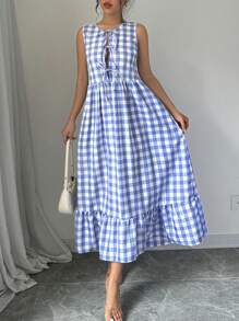 SHEIN Frenchy 女士无袖前系带格子褶皱连衣裙休闲度假，秋季女士连衣裙，法式前系带蓝白格子度假休闲长连衣裙 - 藍色 - 查看 5