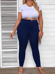 SHEIN CURVE+ Plus Size Slimming Leggings Pants - Navy Blue - View 4