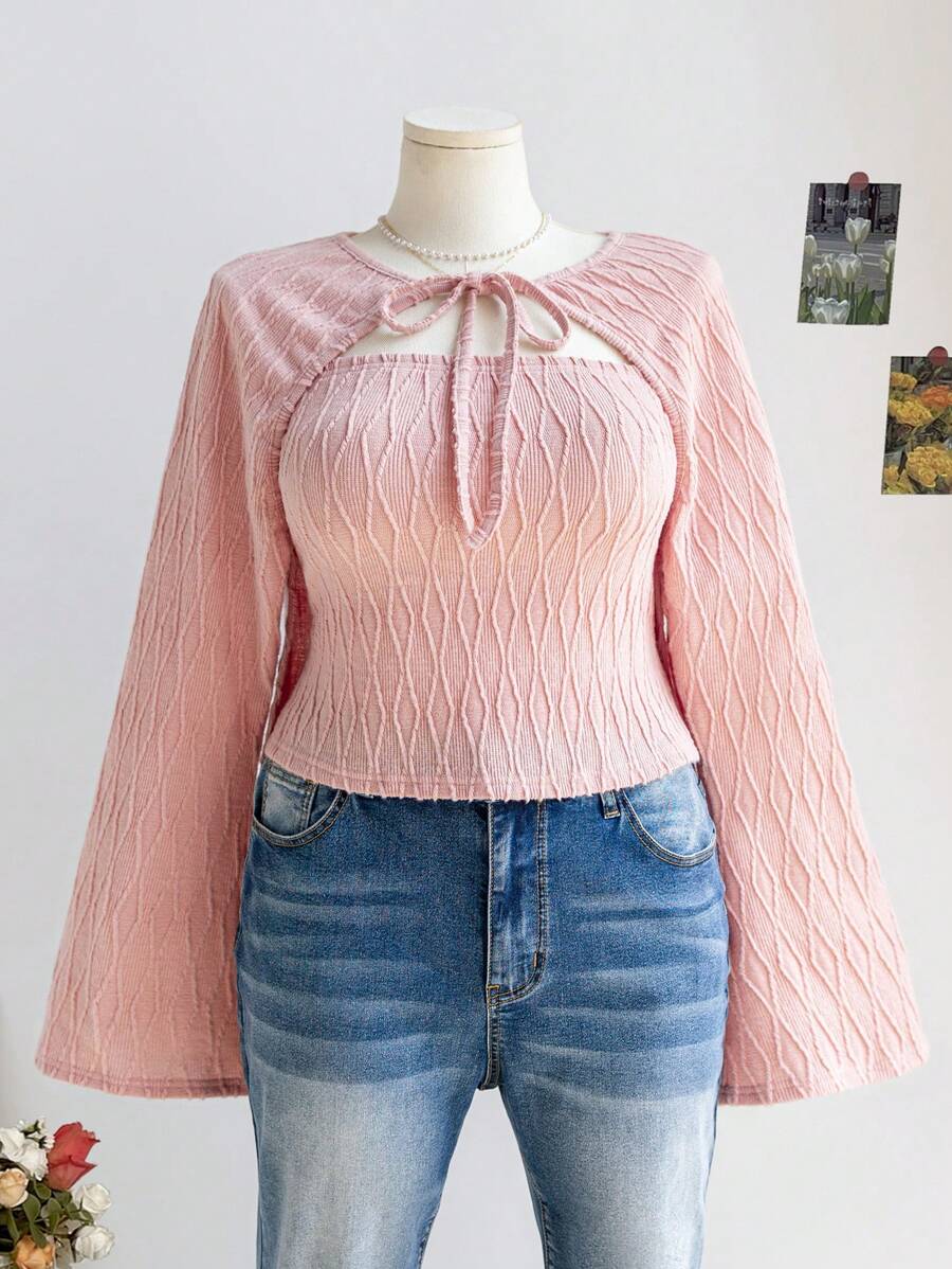 Dreamara Plus Size Women's Fall And Winter Vacation, Graduation Season, Back To School Season, Back To School Clothes Fall Clothes, Vacation Wear, Babydoll Top Halloween Party Lunch Cute Lunch Casual Pink Strappy Cardigan + Tube Top Slim Fit Woolen Two-Piece Set - Pink - View 1