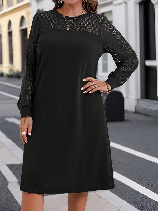 EMERY ROSE Rochie de toamnă, cu mâneci lungi, cu dantelă contrastantă, cu mânecă lungă, de damă, culoare uni, cu gât rotund