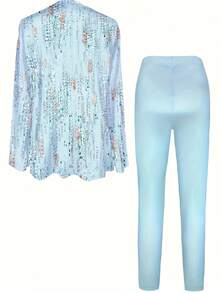 Plus Size Women Floral Print Long Sleeve Split Jumpsuit - Blue - View 4