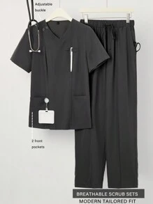 TaskEZ Solid V-Neck Pocket Tee And Tie-Waist Pants Uniform Scrub Set - Grey - View 10