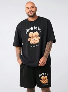 Manfinity VCAY 2pcs/Set Plus Size Men's Casual Bear Pattern Print Loose Dropped Shoulder Short Sleeve T-Shirt And Drawstring Waist Straight Leg Shorts, Suitable For Summer Daily Wear - Black - View 3